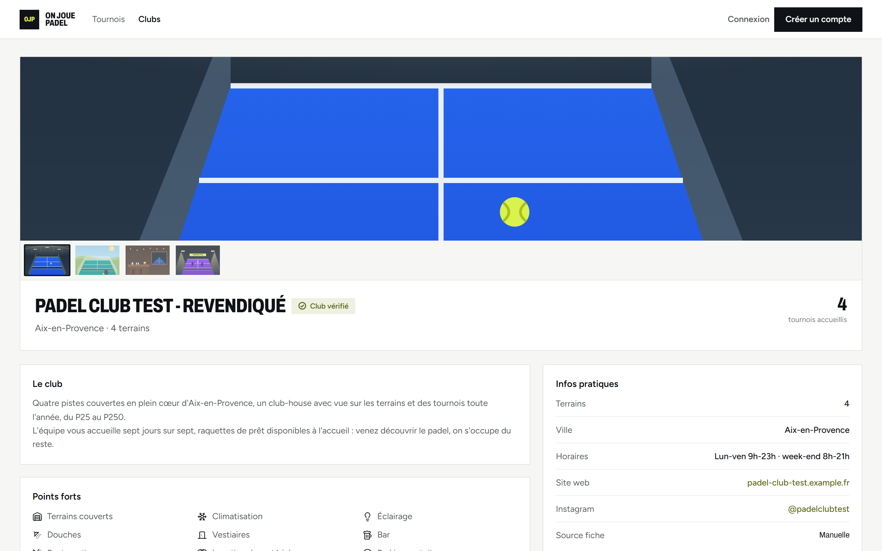 Page publique d'un club : photos, points forts et tournois à venir
