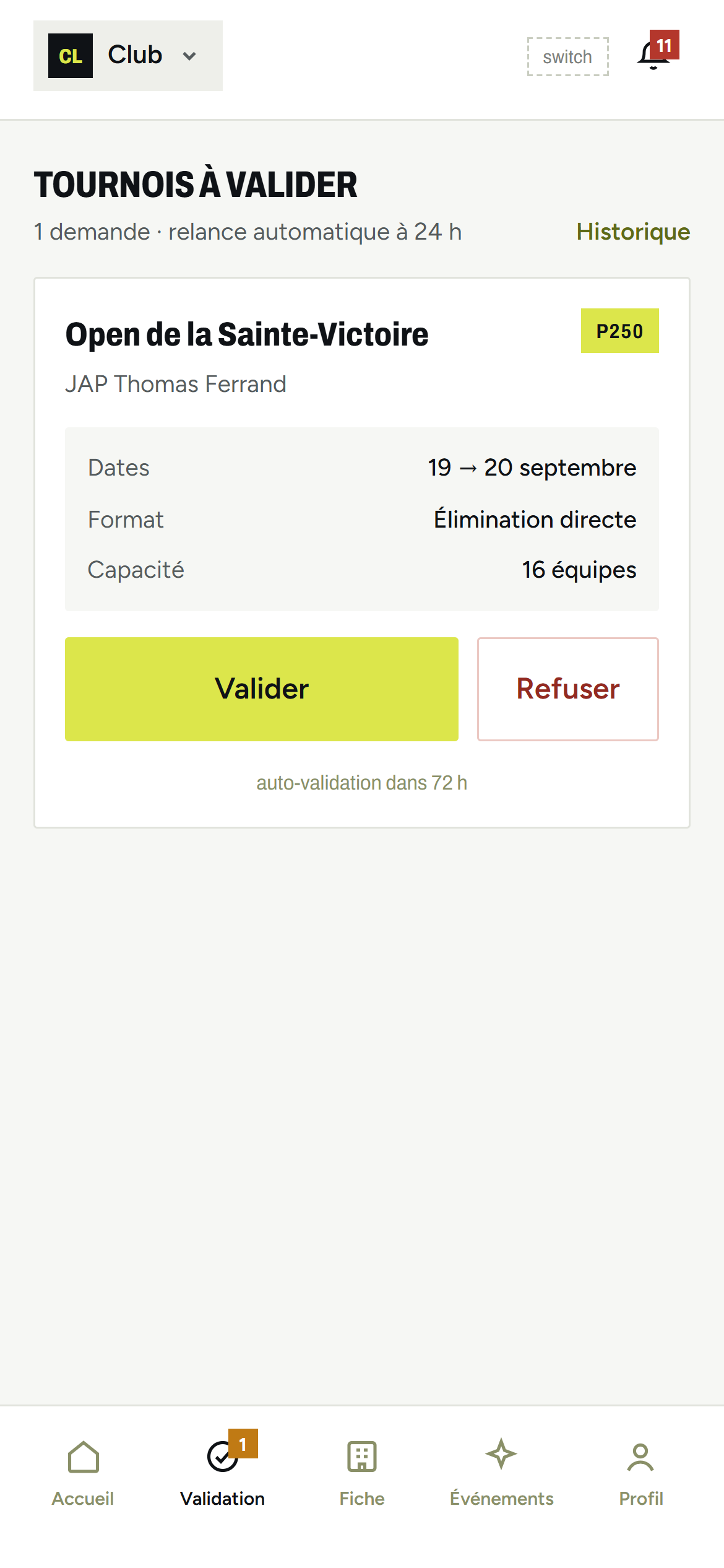 Validation d'un tournoi proposé par un juge-arbitre, sur téléphone