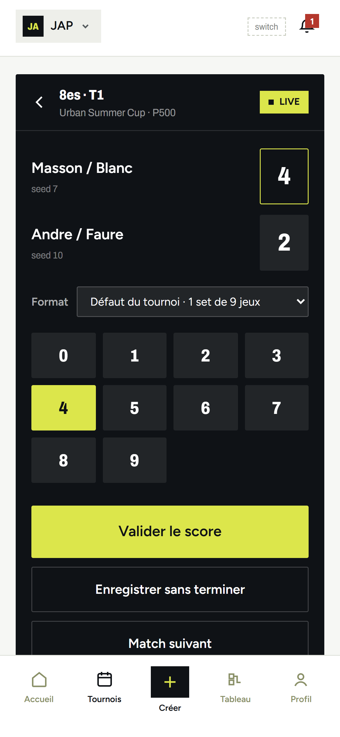 Scoring live sur téléphone : match en direct, saisie du score en trois taps