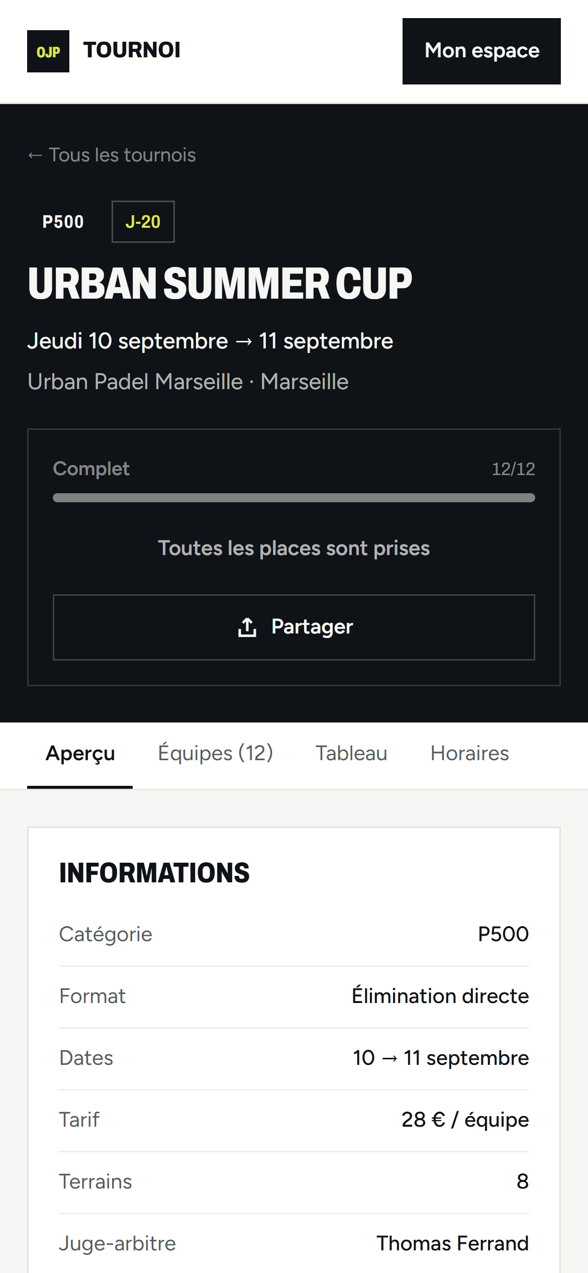 Fiche publique d'un tournoi P500 sur téléphone : places, équipes, tableau